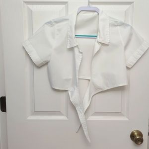 White Tie-Frt Crop Shirt